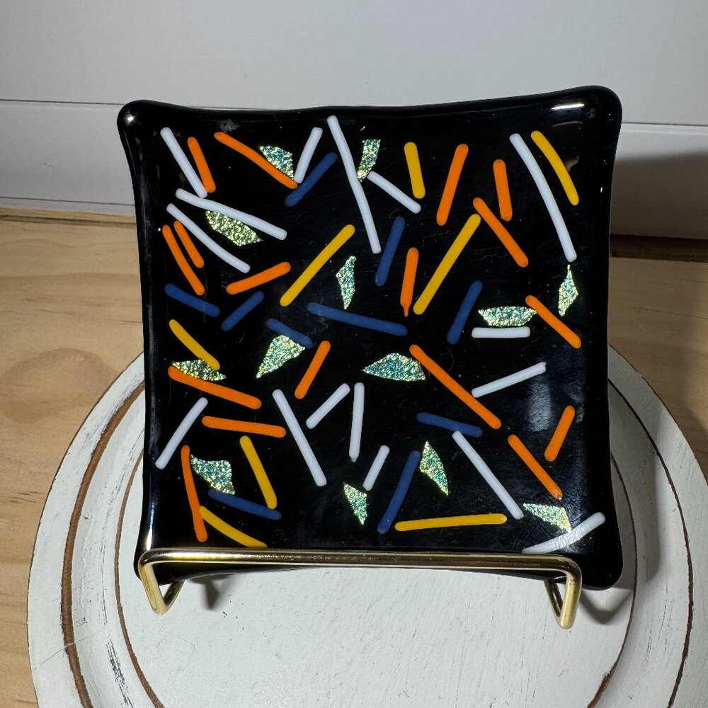 Dichroic Glass Fused Glass Trinket Dish Signed Penny Lines Multicolor